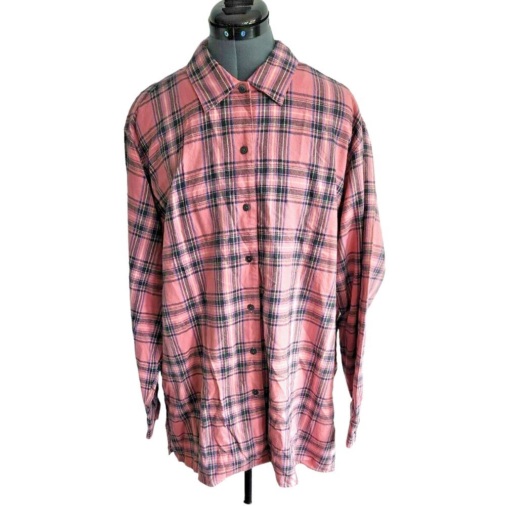 Eddie Bauer Pink Plaid Flannel Button Down‎ Shirt Womens XL Cotton Long Sleeve